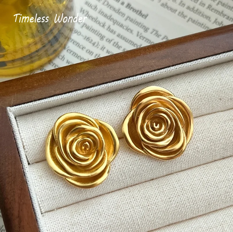 

Timeless Wonder Brass Geo Rose Stud Earrings for Women Designer Jewelry Party Ins Sweet Luxury Brand Top Gift Rare Brincos 4561