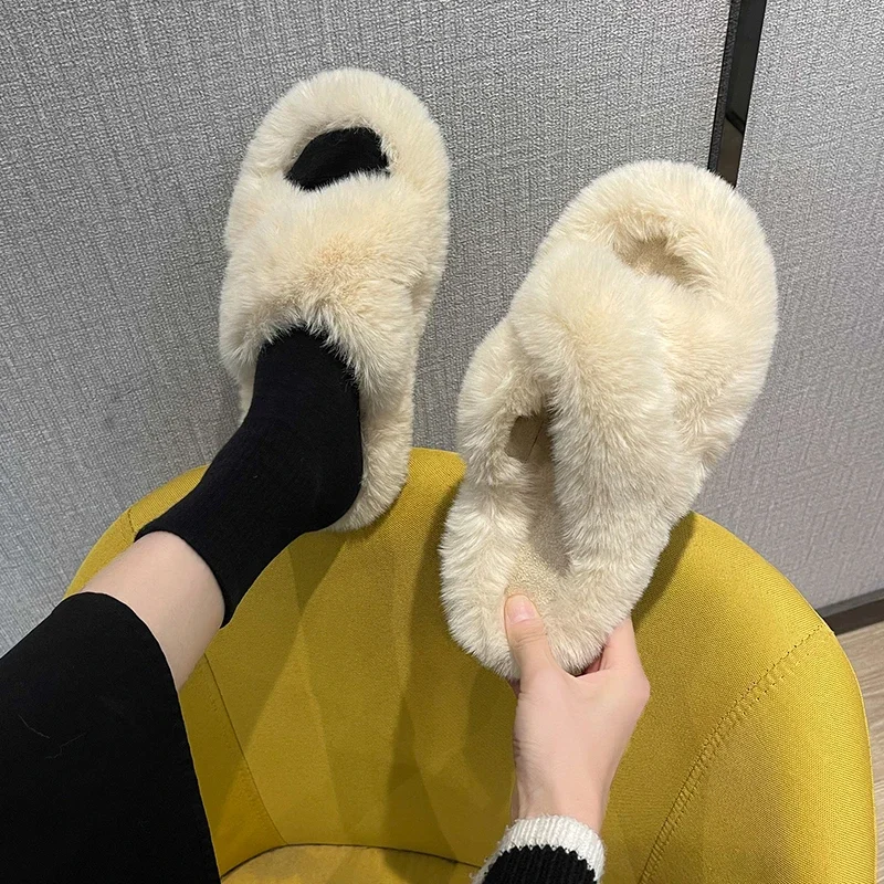 

2024 Winter Slippers Women Fashion Cross Fluffy Fur Slipper Home Slides Platform Flat Indoor Floor Flip Flops Women Ladies Shoes