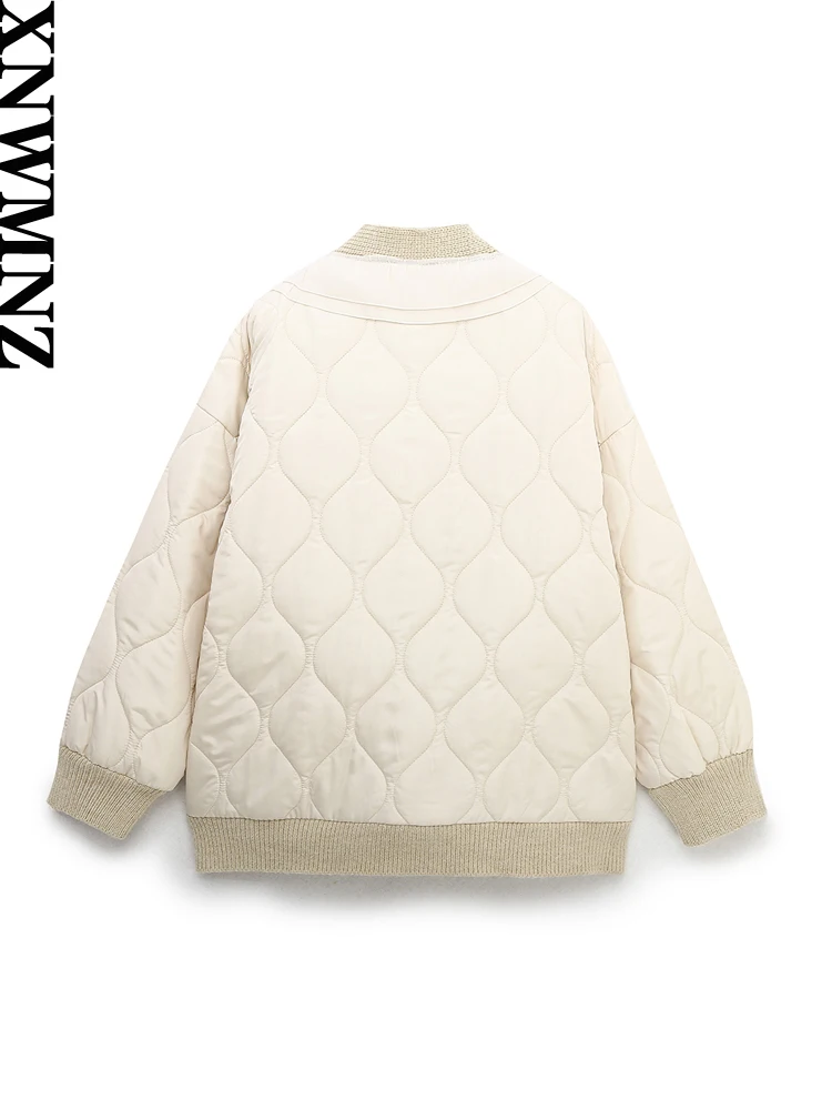 XNWMNZ Women Fashion Winter Warm Quilted Embroidery Knitted Patch Padded Jacket Coat Vintage Long Sleeve Female Chic Outerwear