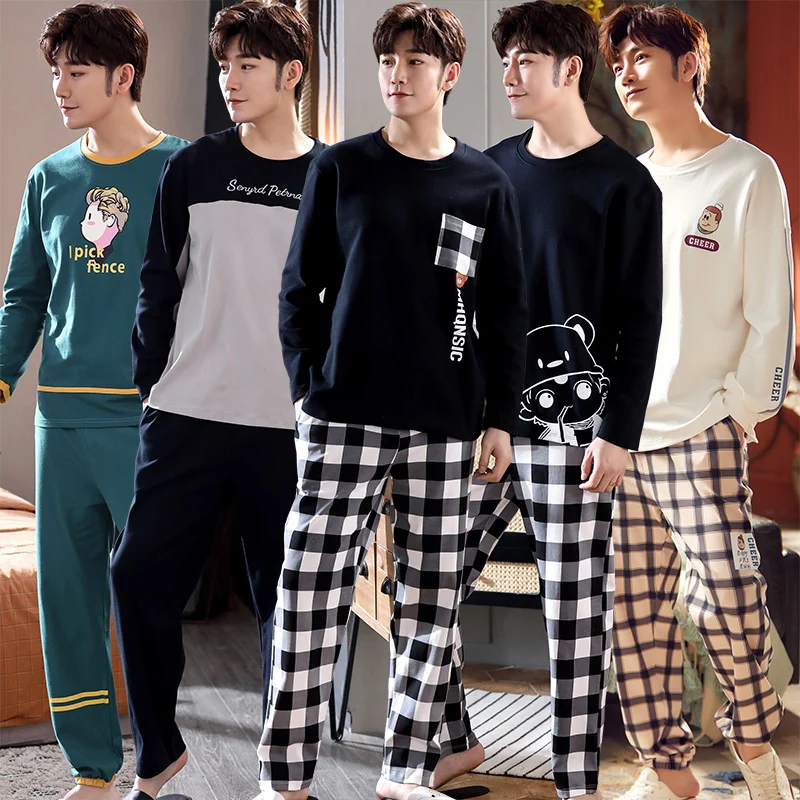2022 Autumn Cotton Long Sleeve Pajama Set for Men Korean Casual Plaid Sleepwear Suit Pyjama Male Nightwear Homewear Home Clothes