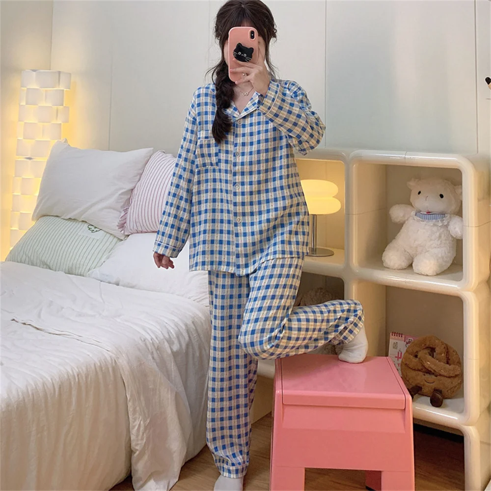 Женский пижамный комплект осенняя синяя клетчатая одежда для сна пижамы с