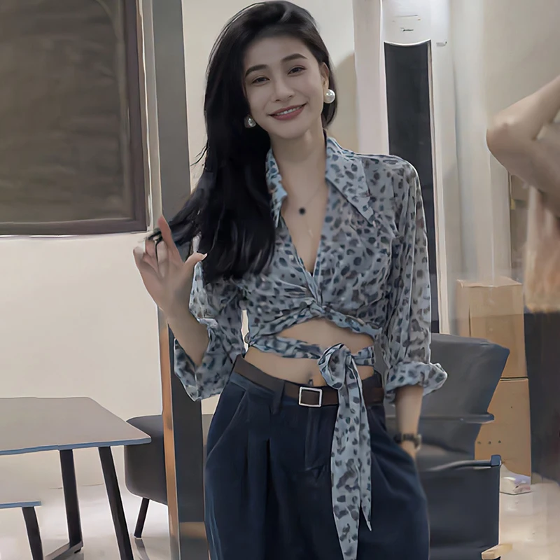 Женская Приталенная Блузка С Леопардовым Принтом И Длинным Рукавом V-образным