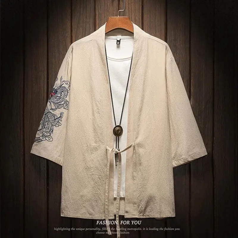 

M-5XL Japanese Streetwear Kimono Shirt Men Chinese Dragon Embroiderd 3/4 Sleeve Collarless Shirts Cotton Office Wear XXXXXL