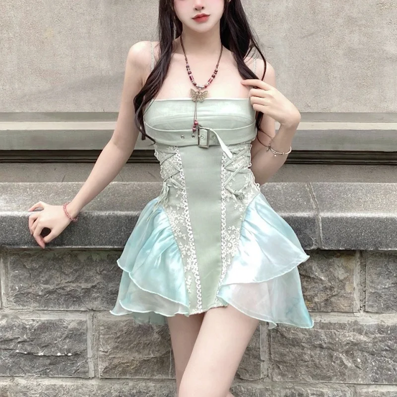 

Deeptown Y2k Aesthetic Green Slip Dress Women Fairycore Sweet Mesh Irregular Ruffles High Waist Corset Tunic Cocktail Dresses