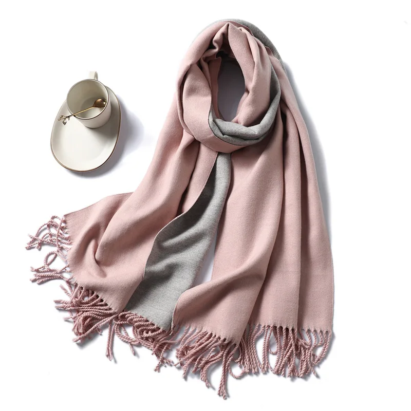 

Ladies Scarf Solid Color Imitation Cashmere Scarf, Women Winter Thickened Warmth Double-sided Two-color Shawl Fringed Scarf