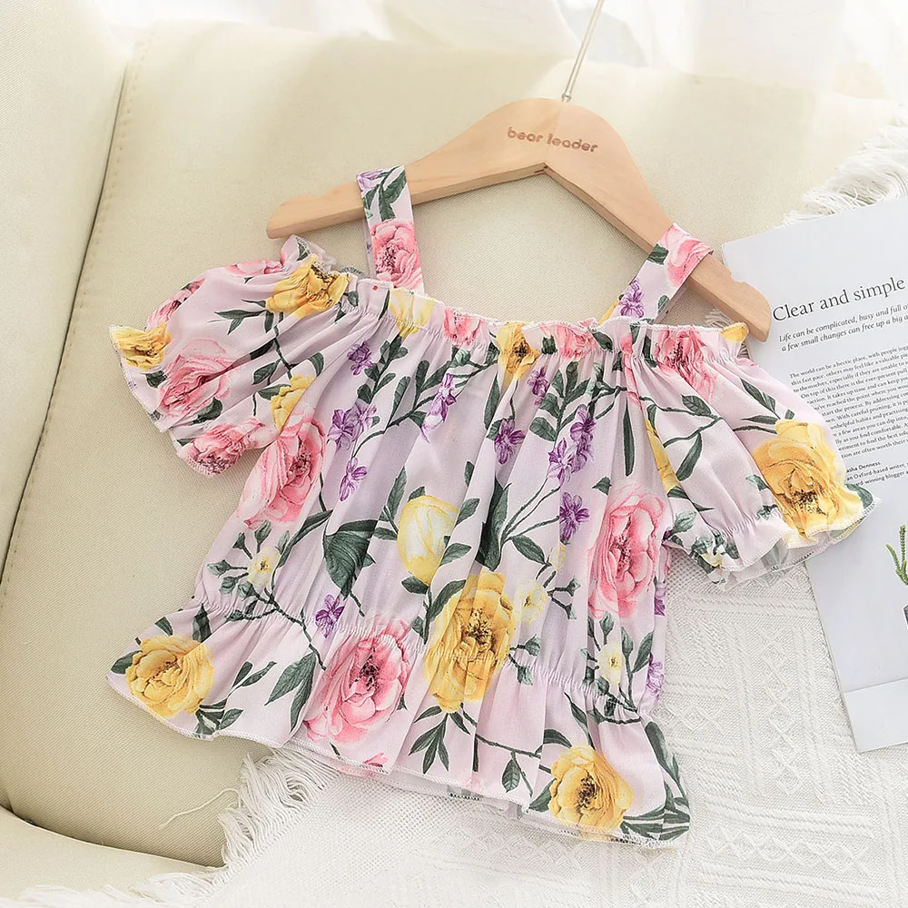 

Fashion Kids Girls Clothes Tops Flowers Off Shoulder T Shirts Tops Sweet Ruffles Blouse New Chiffon Girls Blouse Summer Shirts