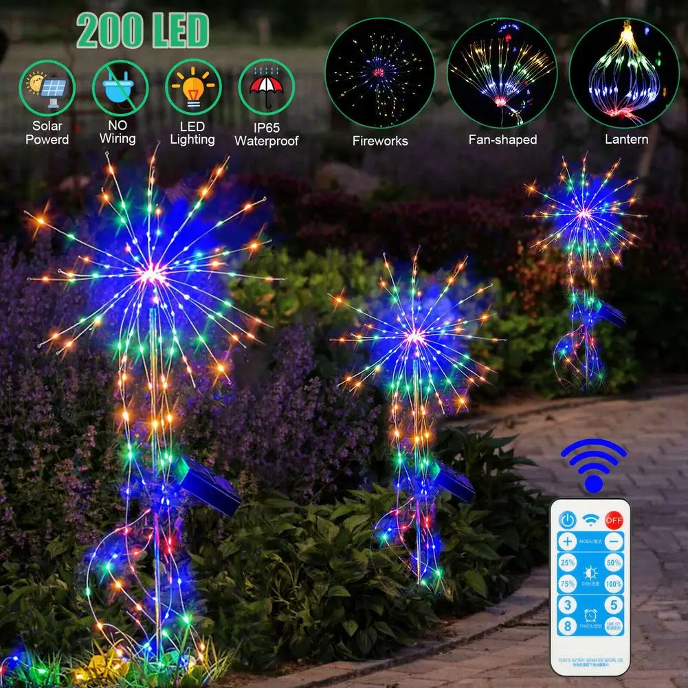 200 Led Solar Firework Lights Outdoor Waterproof Lawn Light 8 Modes Colorful Luminous for Path Lawn Garden Decoration Lamp