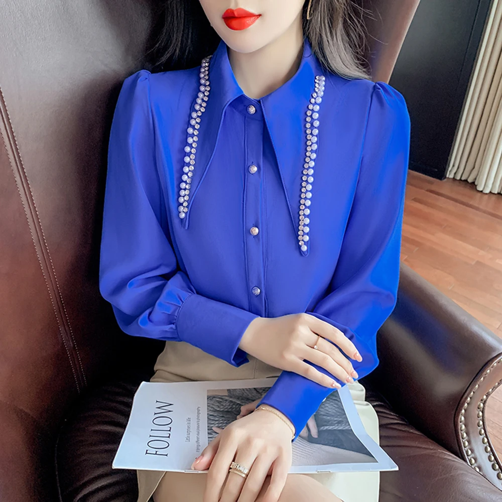 Heavy Rhinestones Beaded Doll Pointed Collar Beaded Shirt Women Loose Fashion Puff Sleeve Blouse Top 2022 Spring New Camisas