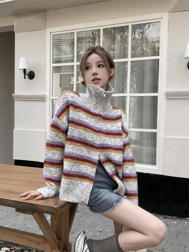 

Вязаный кардиган, новинка 2023, женский джемпер с отложным воротником, модная Корейская трикотажная одежда в полоску, характерная Осенняя женская одежда