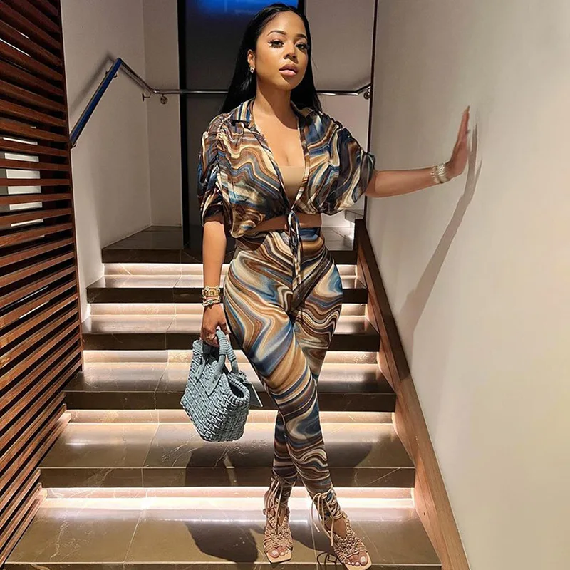 

Mesh See Through Print Two Piece Set Women Casual Drawstring Half Sleeve Bare Midriff Tops+Fashion High Waist Pencil Pants