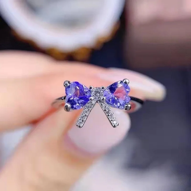 

2022 Woman Rings Korean Fashion Gothic Accessories Imitation Natural Tanzanite Bow Gold Jewelry Engagement Ring Anillos Mujer