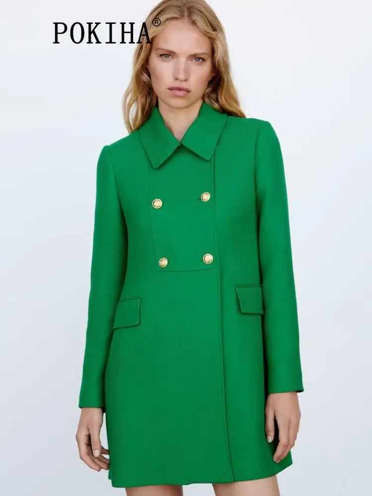 

Pokiha Fashion Women New Elegant Green Double Breasted Coat Vintage Long Sleeve Flap Pockets Female Outerwear Chic Overcoat