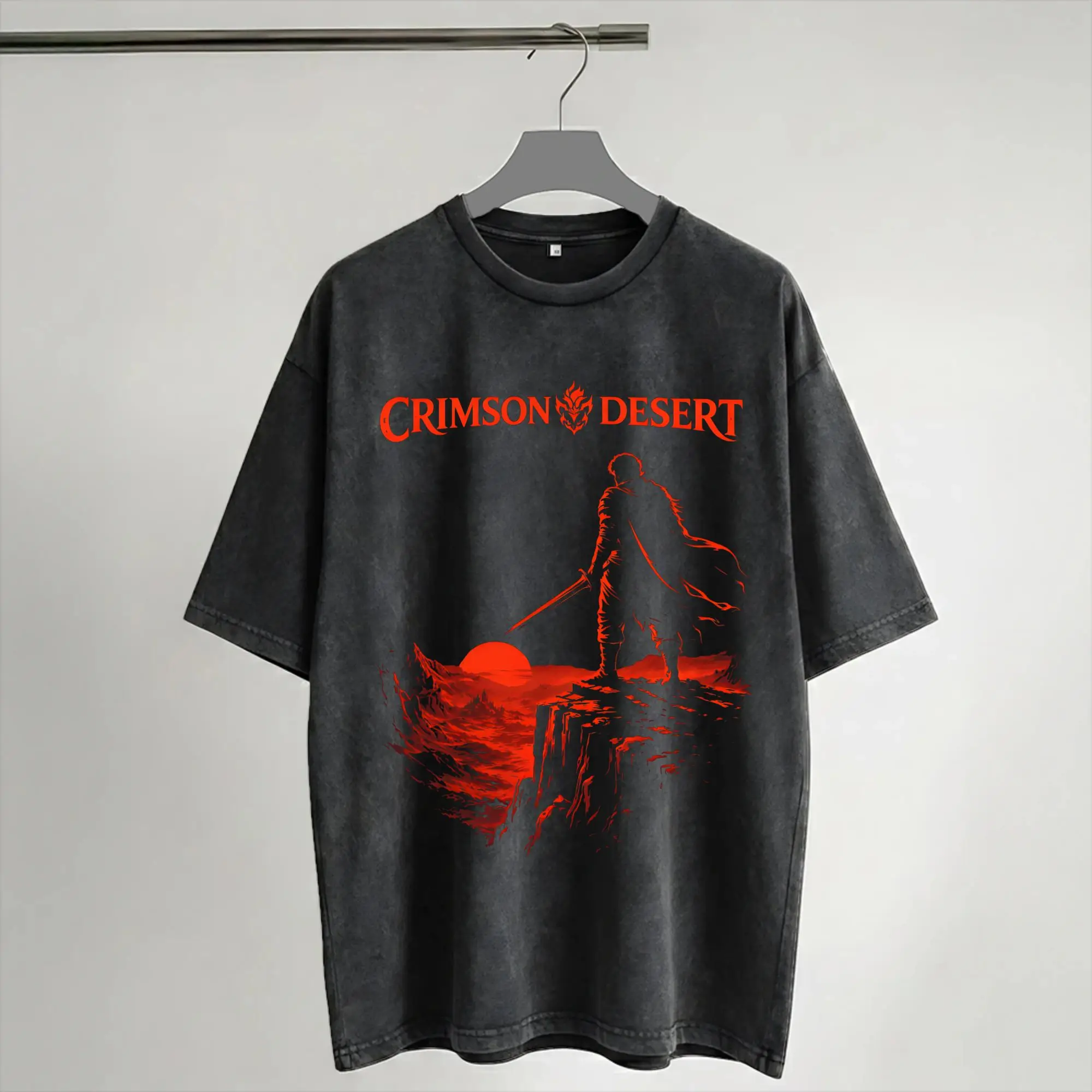 Фото Футболки унисекс Pearl Abyss Crimson Desert Outfit, с эффектом потертости, в стиле стритвир, хип-хоп, с принтом, с коротким рукавом №1