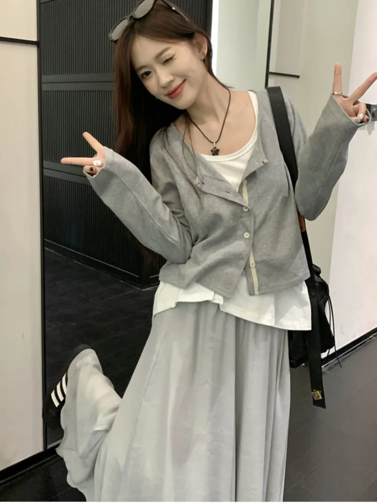 Женский Повседневный костюм из 3 предметов короткий кардиган Белая кофта юбка