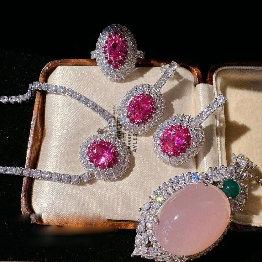 

Women Full Zircon Necklace Fashion Simple Rose Red Ring Earnail Color Treasure Set