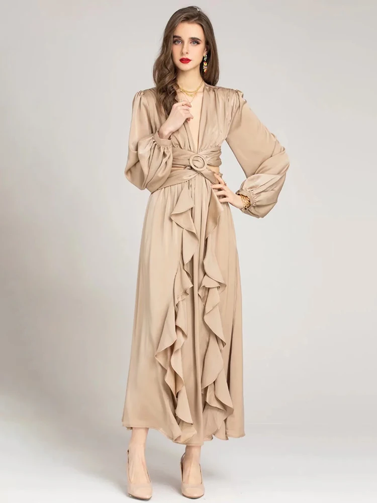 

Svoryxiu Fashion Runway Designer Summer Elegant Solid Maxi Long Dress women V-Neck Lantern Sleeve Flouncededge Slim Party Dress