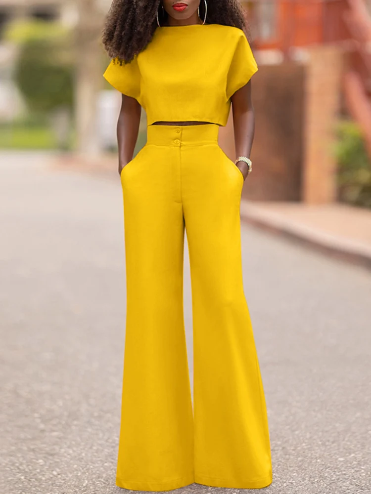 

Women Pants Sets VONDA 2023 High Waist Zipper Office Long Trouser Sets Female Casual Solid Short Sleeve Tops Suits Oversize