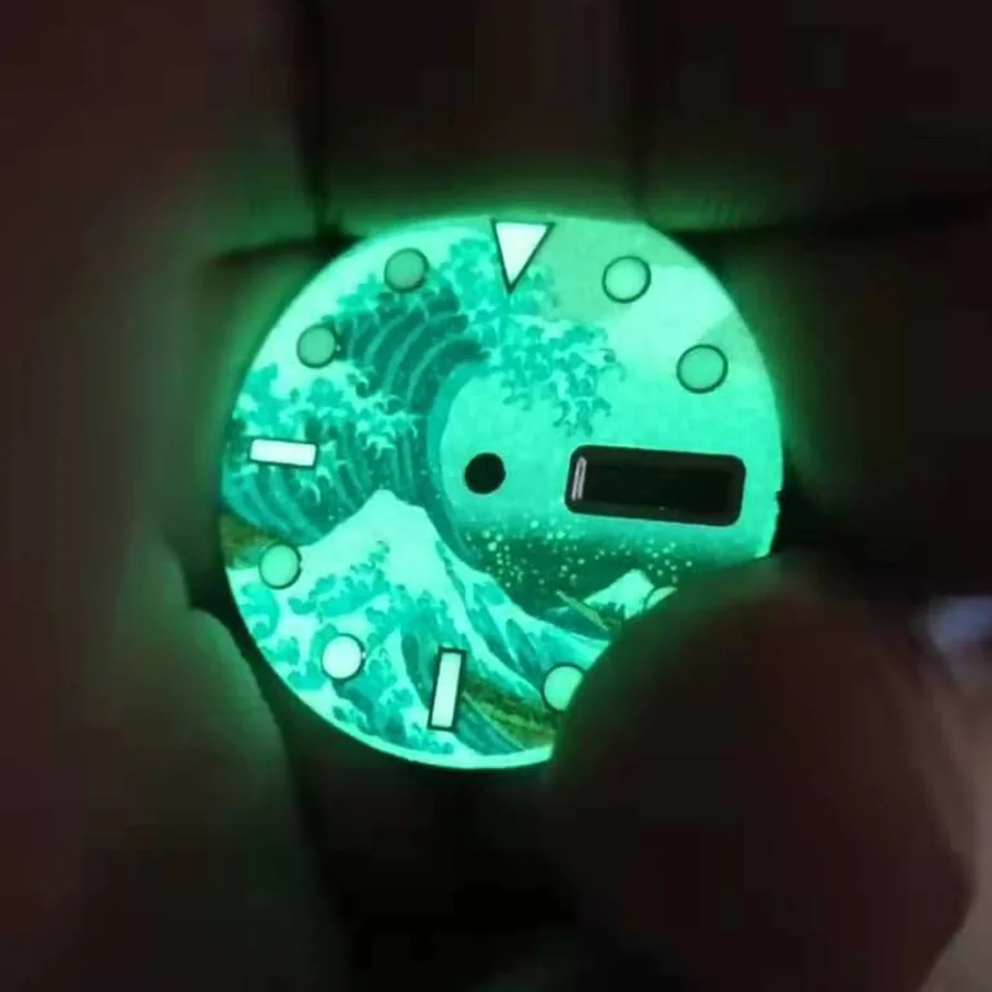 28.5mm Dial Kanagawa Dial For NH36a Automatic Movement Diving Conversion Watch Dual Date Dial Full Luminous Round Studs