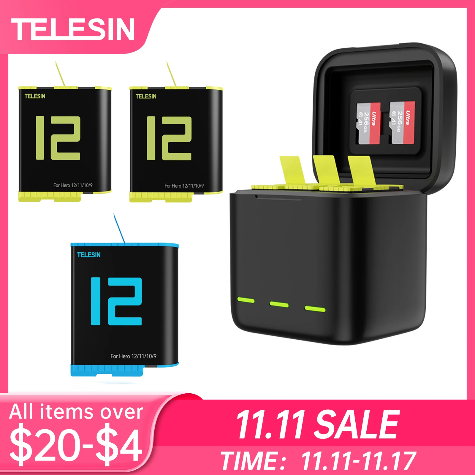 

TELESIN 1750 mAh Battery For GoPro Hero 12 11 10 9 Battery 3 Slots LED Light Charger TF Card Battery Storage Box
