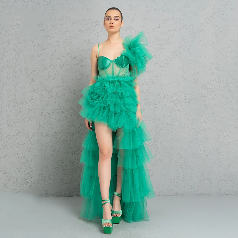 

UZN Chic Green A-Line Prom Dresses Sweetheart Spaghetti Evening Dress Tulle Tiered New Arrive Modern Lady Party Gowns