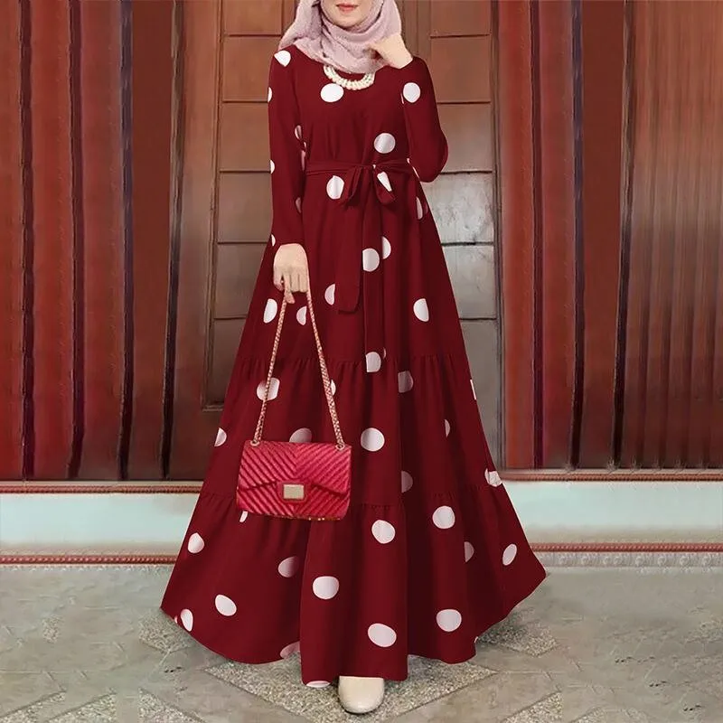 2023 Women's Muslim Casual Robe Fashion Vintage Polka Dot Print Lace Up Slim Long Sleeved Temperament Commuter Zipper Dress XL