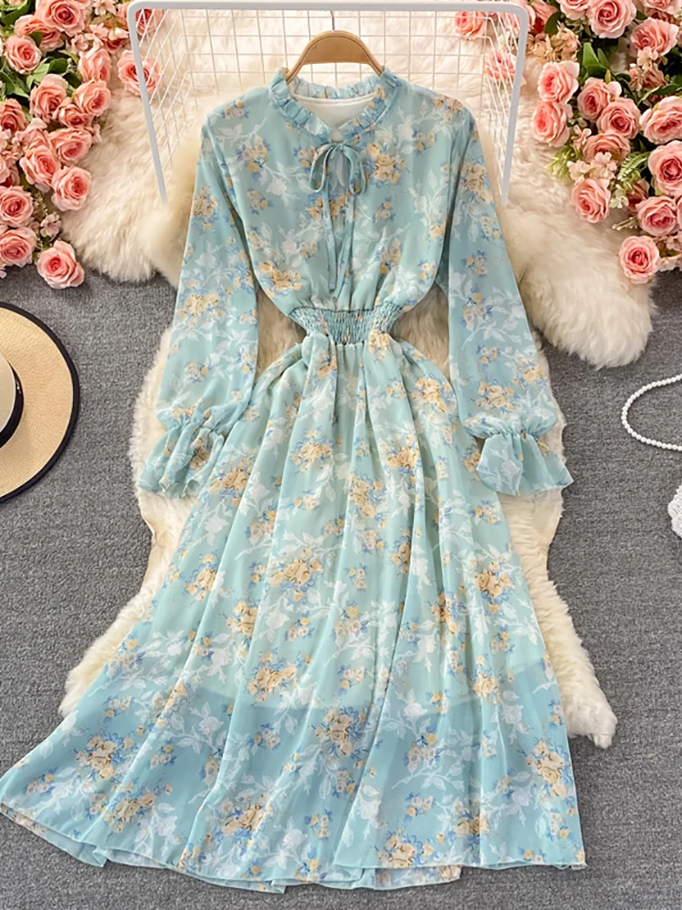 

Женское шифоновое платье-миди с воланом, длинным рукавом и высокой талией