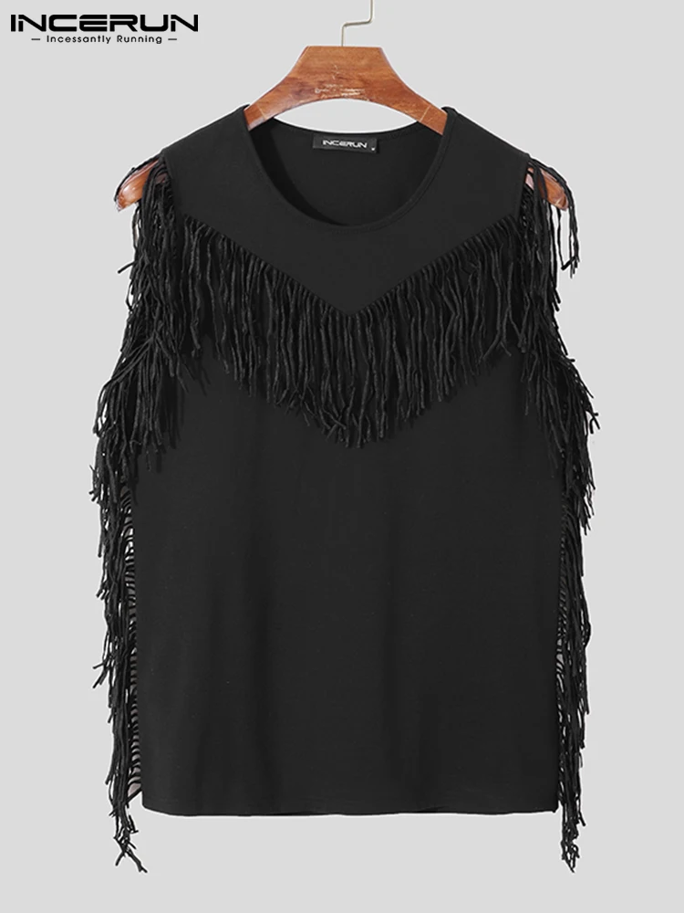 

INCERUN Tops 2022 American Style Men's Tank Tops Fashion Casual Male Solid Color All-macth Simple Tassel Sleeveless Vests S-5XL