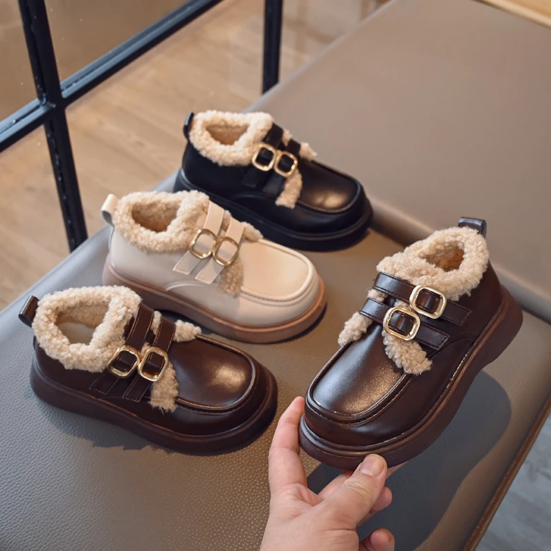 

New Children's Shoes Boys and Girls Winter Long Plush Warm Thick Bottom Non Slip Buckle Cotton Shoes Running Garden Kids Sport
