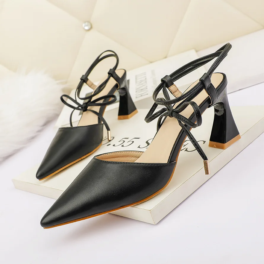

7cm New Fashion Sandals Pointed Toe Hoof High Heels Ankle Bandage Elegant Women Shoes 38 39