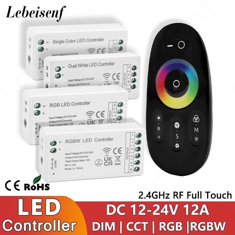 

12A 2.4GHz LED Dimmer Single Color Dual White CCT RGB RGBW CH Controller with Full Touch 2.4G RF Remote for DC12-24V Light Strip