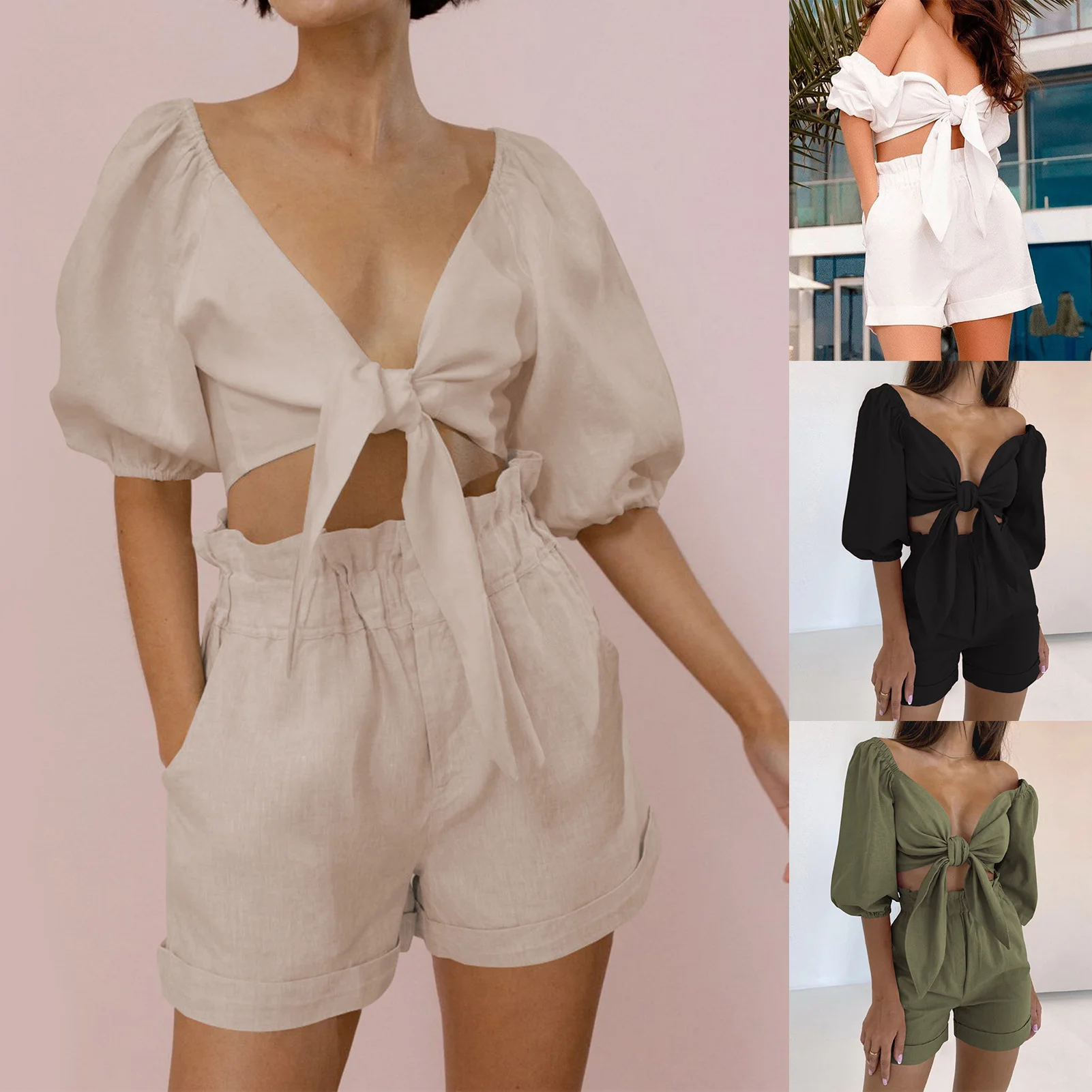 

Women Sexy Cardigan Lace Up Bow Top Shorts Casual Cotton Fashion Suit Breathable Lantern Sleeve Two Piece 2023 Summer Clothing