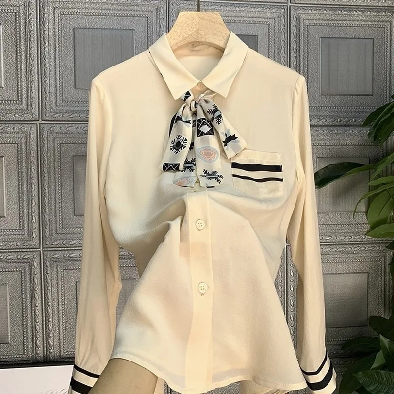 

Женская рубашка из искусственного шелка, рубашка с длинным рукавом и бантом контрастных цветов, модная блузка на весну и осень