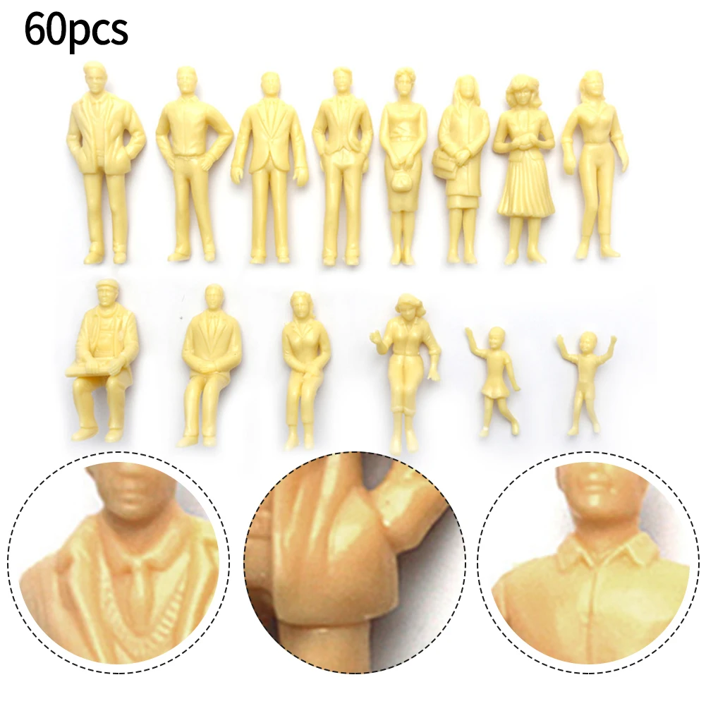 

60Pcs Model Trains 1:87 Unpainted Figures HO Scale Standing People Assorted Poses Plastic Crafts Home Decor Kids Toys