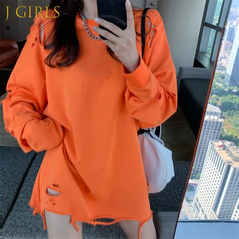 

T-shirts Women Loose Bf Style Solid Hole Streetwear Spring College Unisex All-match Fashion Tops Leisure Ladies Ins Harajuku New