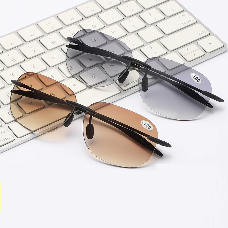 Купи TR90 Light Weight Grey N Brown Lenses Pilot Rimless Bifocal Reading Sunglasses +0.75 To +4 See Near and Far за 450 рублей в магазине AliExpress