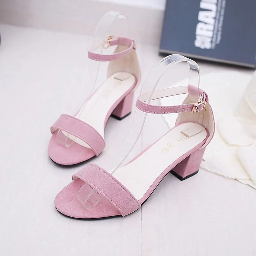 

One word buckle student middle heel thick high heel sandals women 2023 summer fairy leisure Roman shoes word female