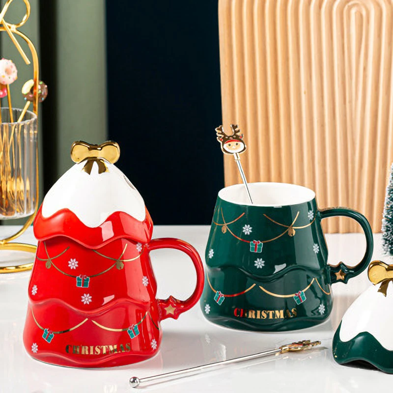 Creative Christmas Tree Mugs Ceramic Mugs Coffee Cups Tea Cup Set Cool Cups Home Coffee Cups Spoon with Lid Christmas Present