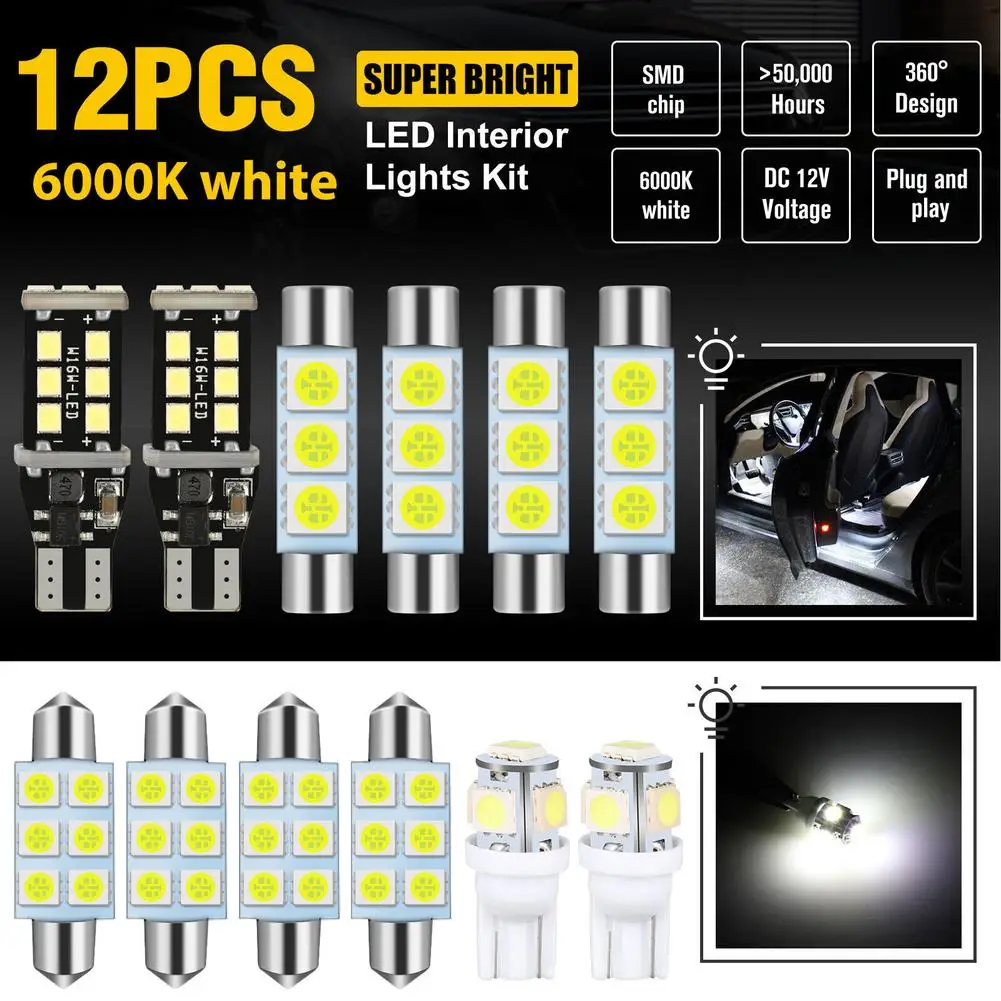 

New 12PCS T10 T15 Car Led Interior Bulb Kit Dome Map License Plate Trunk Cargo Light Bulbs 6000k 360 Degree Lighting Accessories