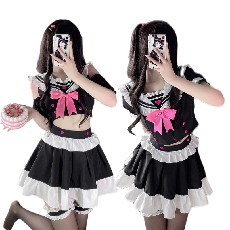 

Japanese Kawaii School Girls Uniform Cosplay Women Sexy Lingerie Bow Ruffle Sailor Collar Sweet Off Shoulder Maid Dress Suit