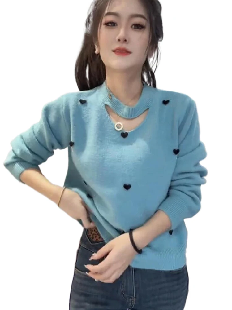 Love Print Hollow out Knit Sweater Lazy High Sense Winter 2024 New Temperament Women Top