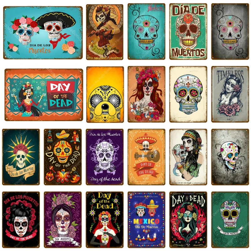 

Sugar Skull Metal Tin Signs Mexican Festival Day Of The Dead Plaque Wall Painting Poster Party Shop Home Tattoo Parlors Decor