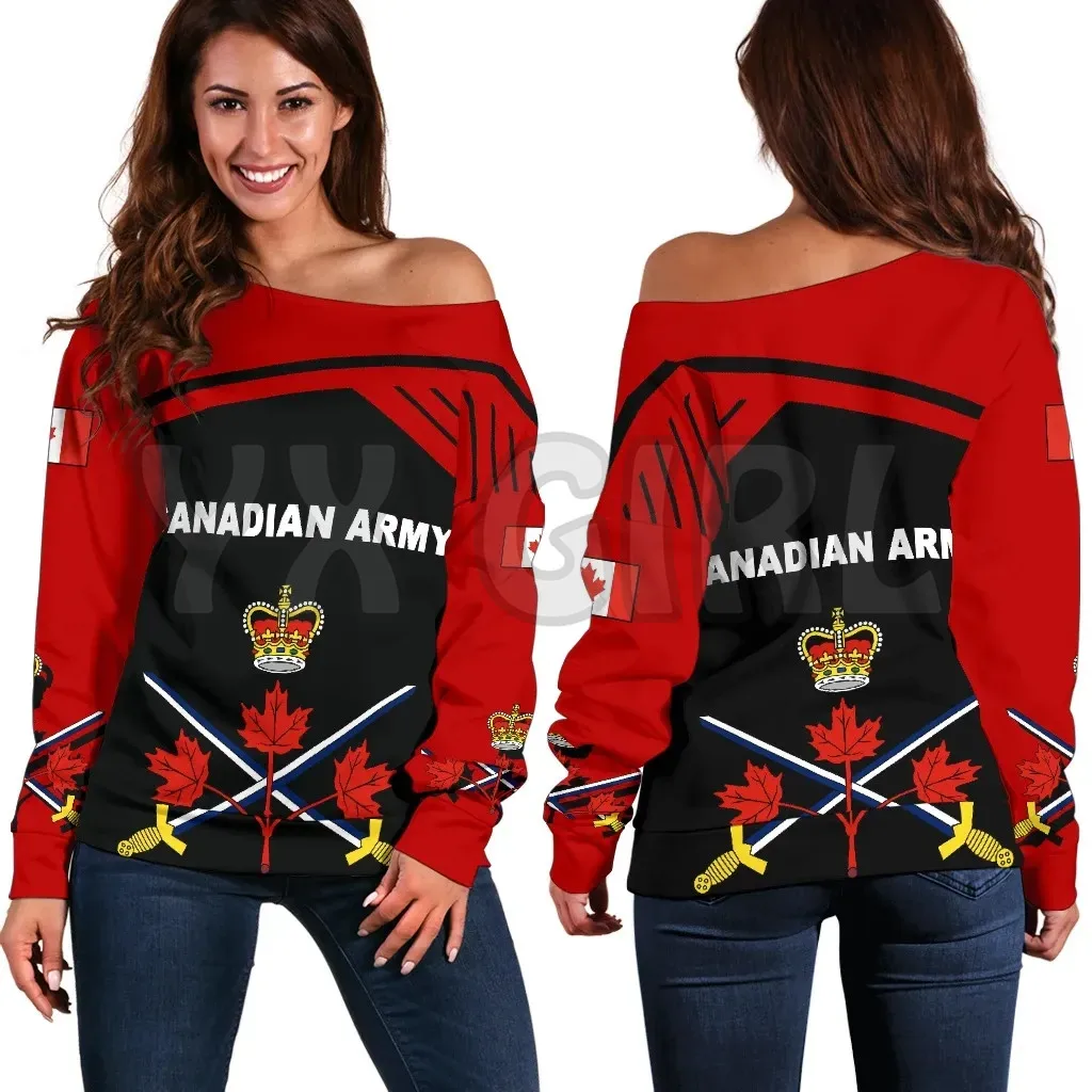 YX GIRL Canadian Army Off Shoulder Sweater Flag Ver 3D Printed Novelty Women Casual Long Sleeve Sweater Pullover