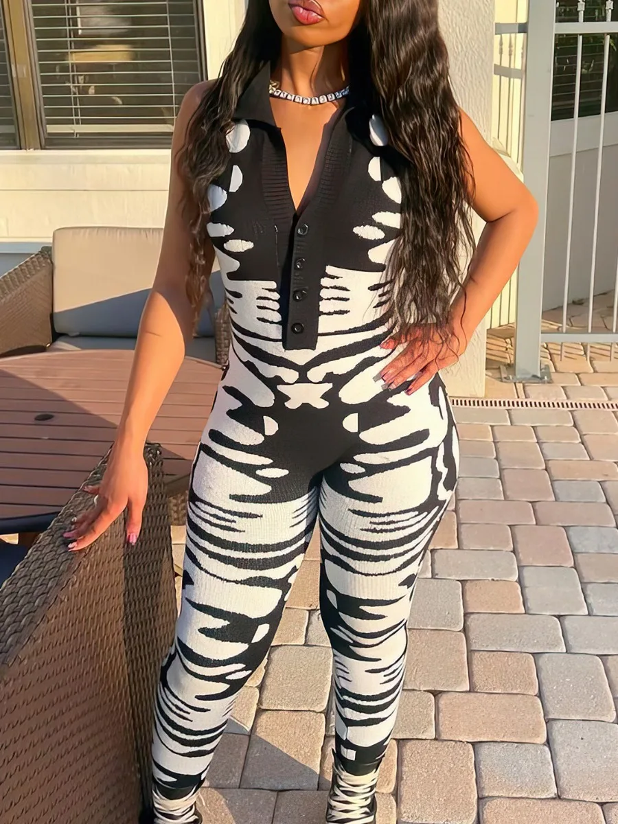LW Button Design Print Jumpsuit bodycon jumpsuit overalls for women summer sleeveless elegant casual street fitness outfit