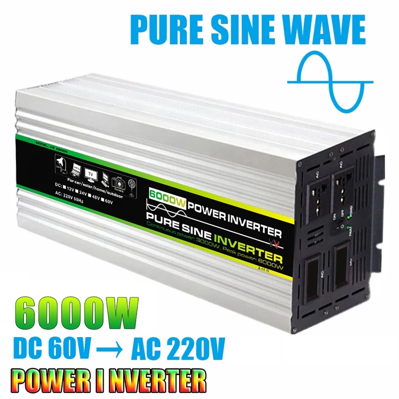 

6000W Pure Sine Wave Inverter DC 12V 24V 48V 60V To AC 220V Voltage Converter Power Pure Sine Wave Car Solar Energy Inverter
