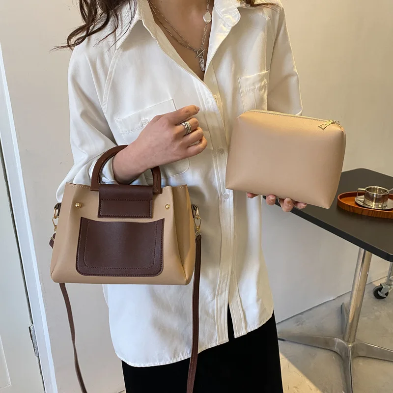 New Retro Women's Elegant Shoulder Crossbody Hand-Carrying Combination Bucket Large Capacity Contrast Color Women's Bag