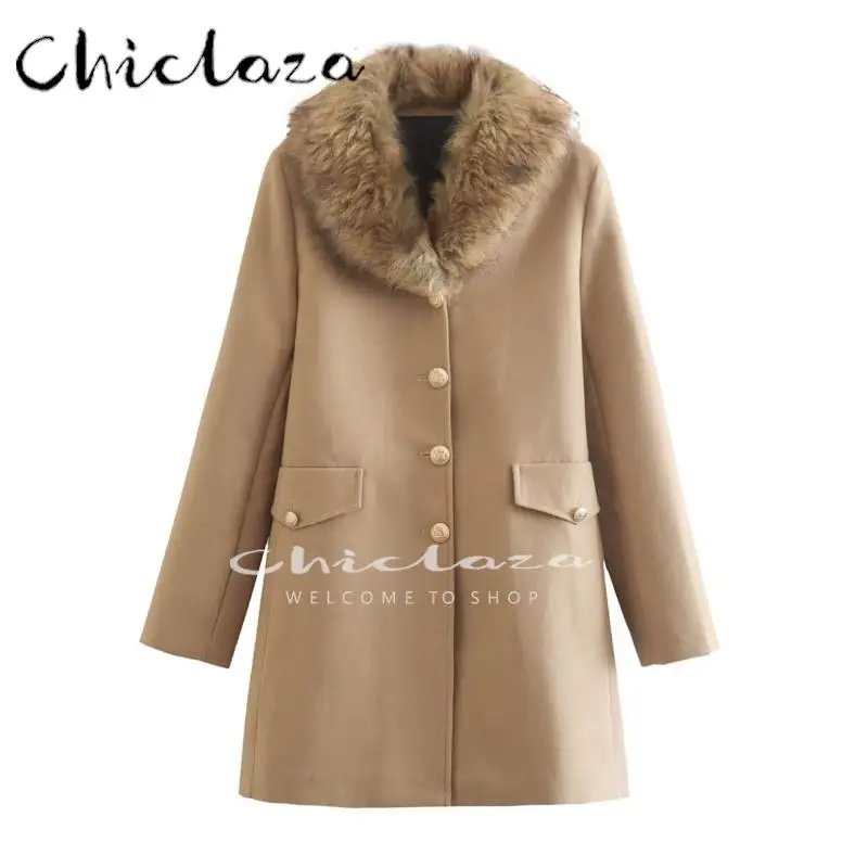 

CHICLAZA 2022 Autumn Winter Women Fashion Faux Fur Lapels Woolen Coat Female Casual Long Sleeve Button Outerwear