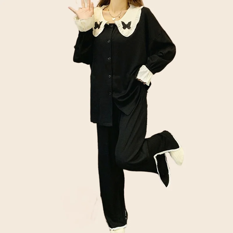 Women's Pajamas Set Full Sleeve Tops Long Flare Pants Sexy Bow Decorate Pyjama Big Size Mom Homewear Cozy Sweet Sleepwear