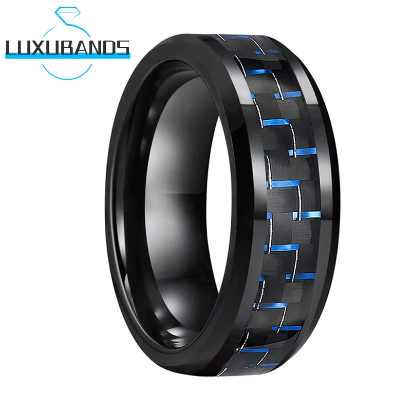 

Tungsten Carbide Ring For Women Men 8mm Black Beveled Edges Green Blue Red Carbon-Fiber Inlay Polished Finish Comfort Fit
