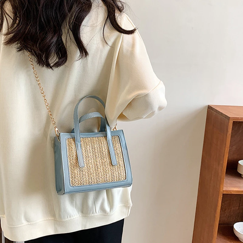 

2022 Women Leather Patchwork Handbags Fashion Solid Color Shoulder Shopping Straw Woven Bag Simple Casual Lady Shopping Handbag