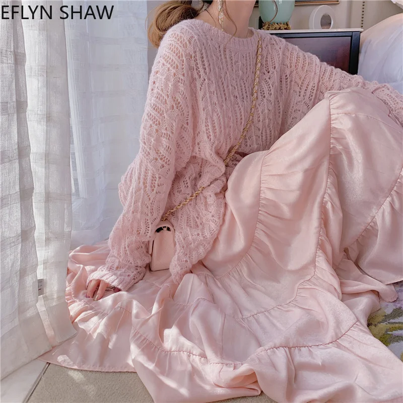 

Pink Sweater Women New Casual Hollow Out Loose Knit Tops Fashion Long Sleeved Pullover Transparent Thin Oversized Sweater